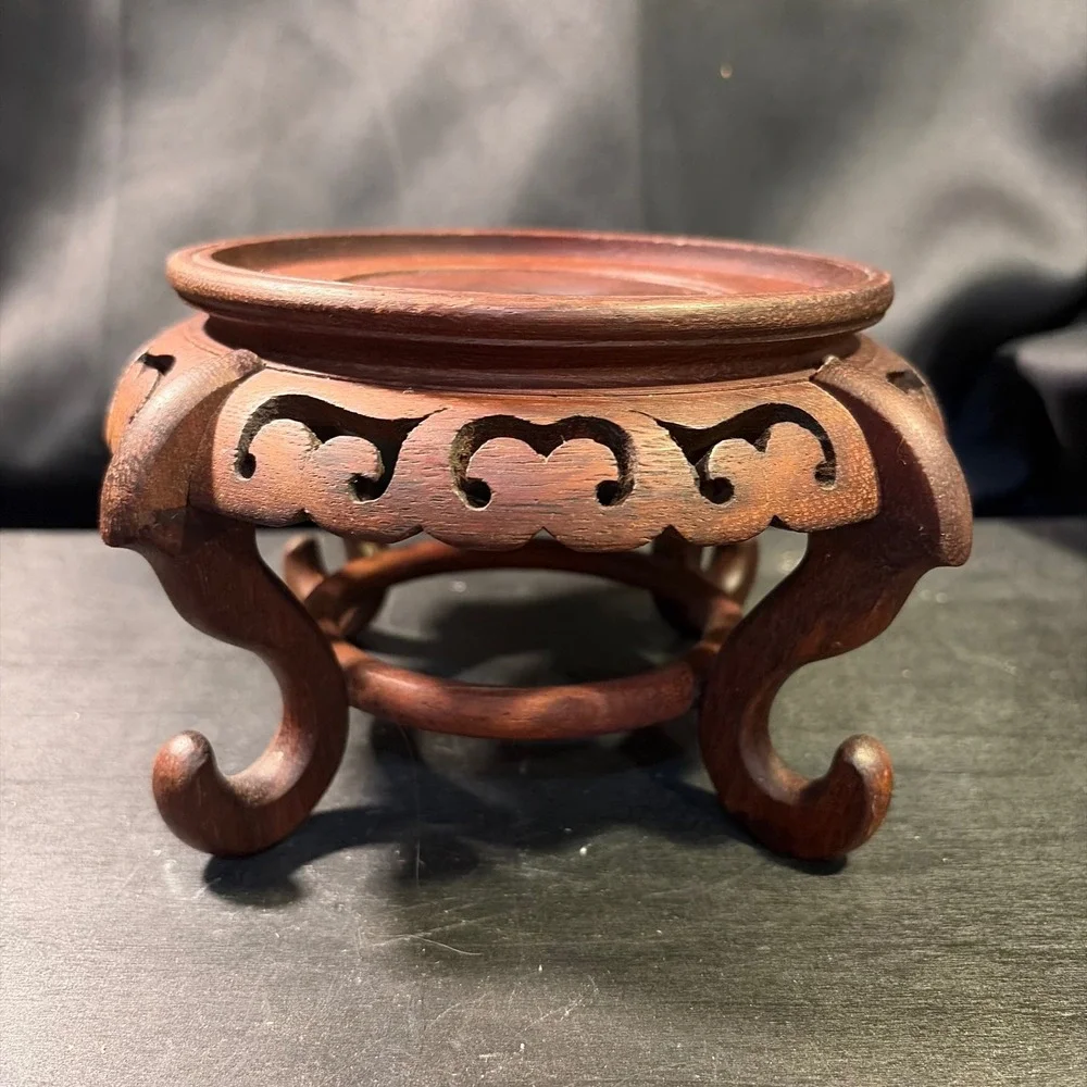 Vintage Carved Wood Pedestal Stand Ornate Asian Style Vase Riser 4.5 Inch
